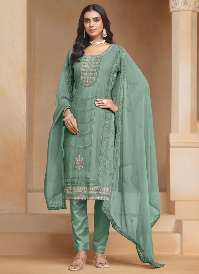 Organza Chiffon Teal Traditional Wear Embroidery Work Straight Suit